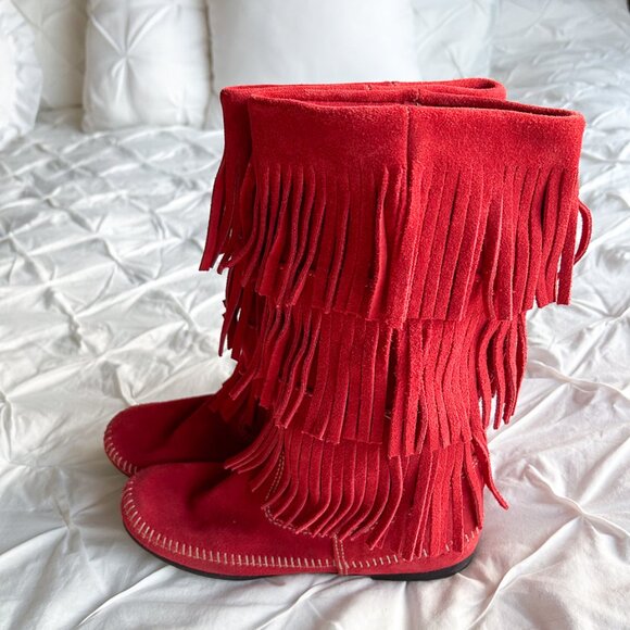 Minnetonka Vintage Red Suede Pull On Fringe 3 Layer Y2K Moccasin Boots - Picture 1 of 10